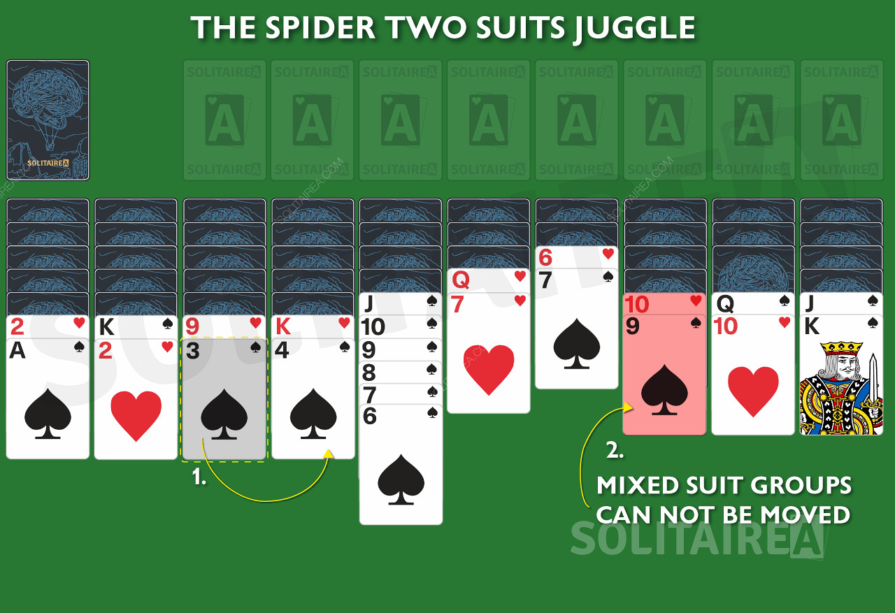在 Spider Solitaire 2 Suits 中不能移動混合花色組